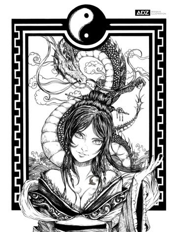 Japanese Dragon Empress Ink Illustration